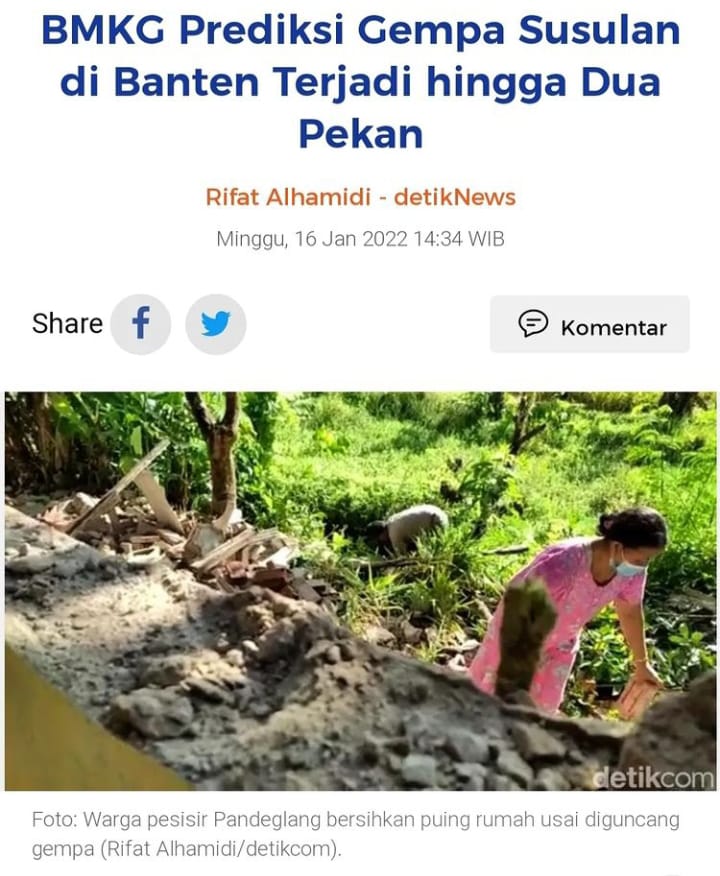 BMKG Prediksi Gempa Susulan di Banten